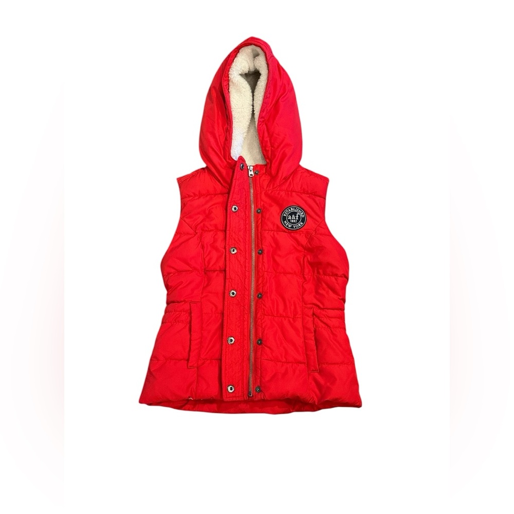Puffer Sherpa Abercrombie Fitch Girls Vest Hooded Large Christmas Red Quilted
